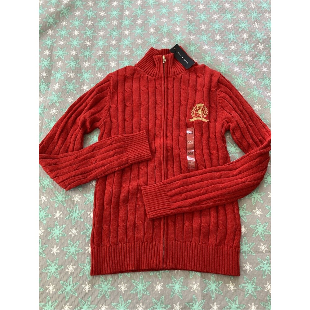 NWT Tommy Hilfiger Women's Cable Knit  Full Zip Cardigan Red  XXS Gold Crest